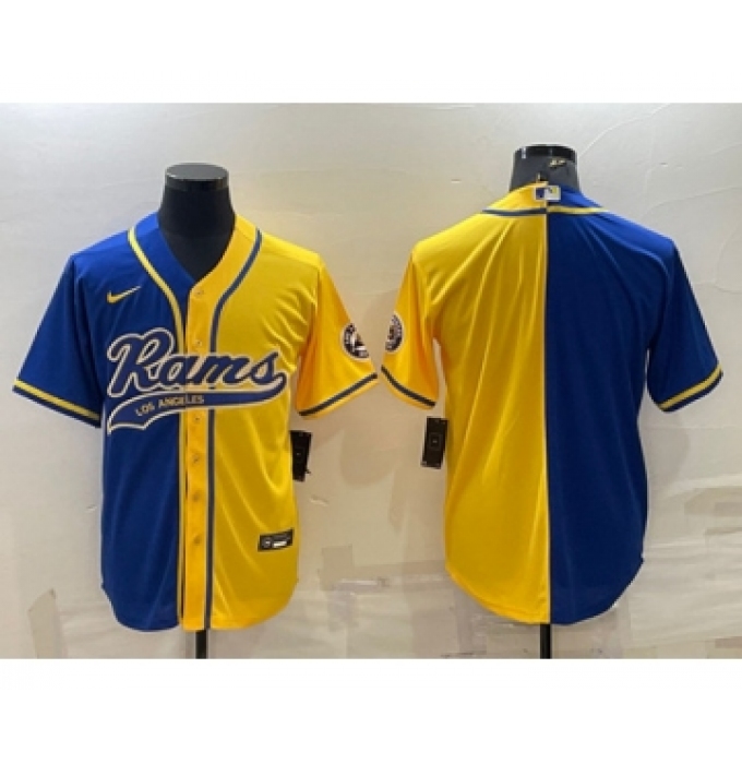 Men's Los Angeles Rams Blank Royal Yellow Split With Patch Cool Base Stitched Baseball Jersey