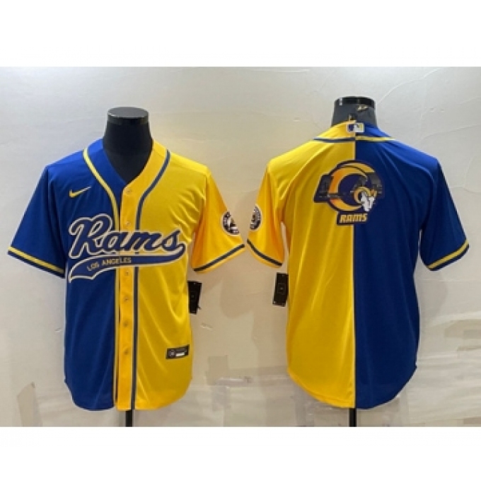 Men's Los Angeles Rams Royal Yellow Split Team Big Logo With Patch Cool Base Stitched Baseball Jersey