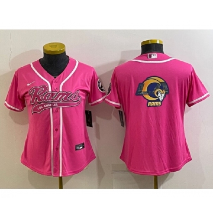 Women's Los Angeles Rams Pink Team Big Logo With Patch Cool Base Stitched Baseball Jersey