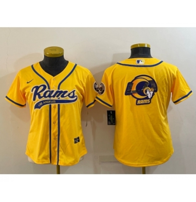 Women's Los Angeles Rams Yellow Team Big Logo With Patch Cool Base Stitched Baseball Jersey