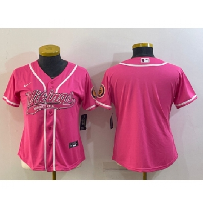Women's Minnesota Vikings Blank Pink With Patch Cool Base Stitched Baseball Jersey