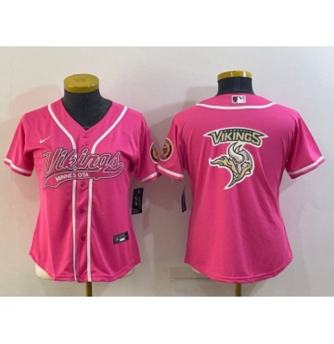 Women's Minnesota Vikings Pink Team Big Logo With Patch Cool Base Stitched Baseball Jersey