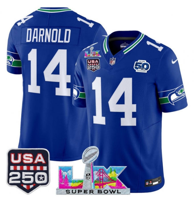 Men's Seattle Seahawks #14 Sam Darnold Royal 2025 F.U.S.E. Super Bowl LX And 50th Season & USA 250 Vapor Throwback Limited Football Stitched Jersey