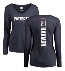 NFL Women's Nike New England Patriots #21 Duron Harmon Navy Blue Backer Slim Fit Long Sleeve T-Shirt