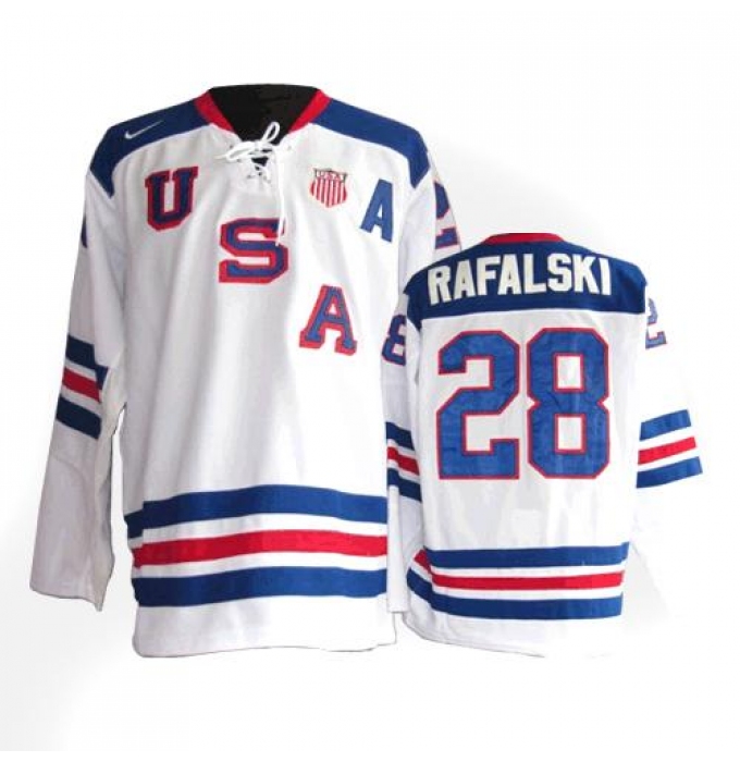 Men's Nike Team USA #28 Brian Rafalski Authentic White 1960 Throwback Olympic Hockey Jersey