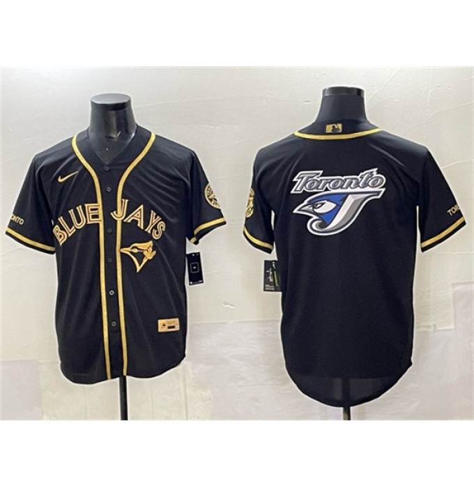 Men's Toronto Blue Jays Team Big Logo Black Gold Cool Base Stitched Jersey