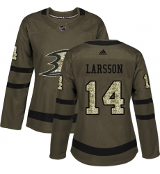 Women's Adidas Anaheim Ducks #14 Jacob Larsson Authentic Green Salute to Service NHL Jersey