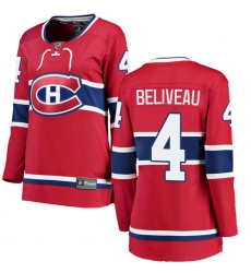 Women's Montreal Canadiens #4 Jean Beliveau Authentic Red Home Fanatics Branded Breakaway NHL Jersey