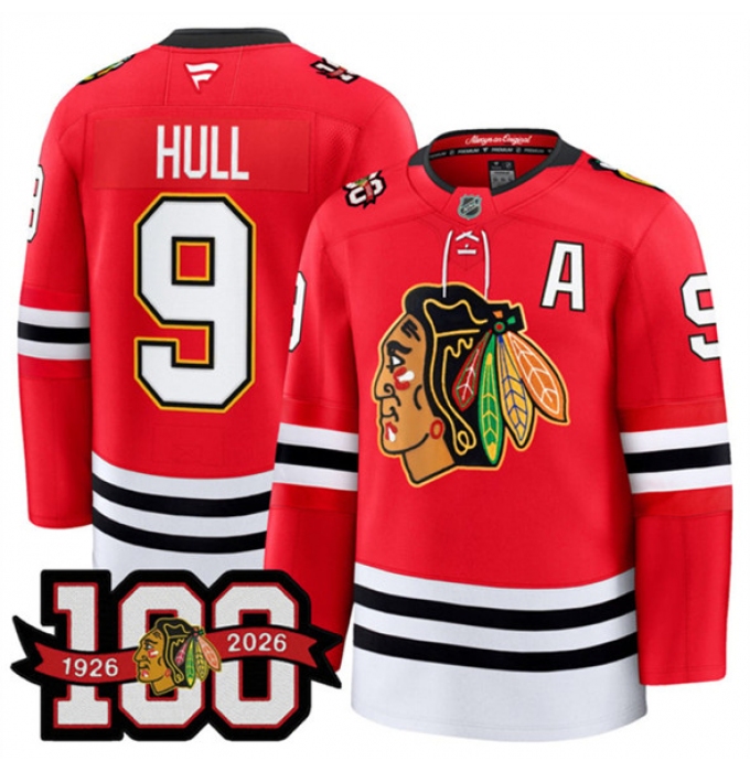 Men's Chicago Blackhawks #9 Bobby Hull Red 2025 Home 100th Anniversary Stitched Hockey Jersey