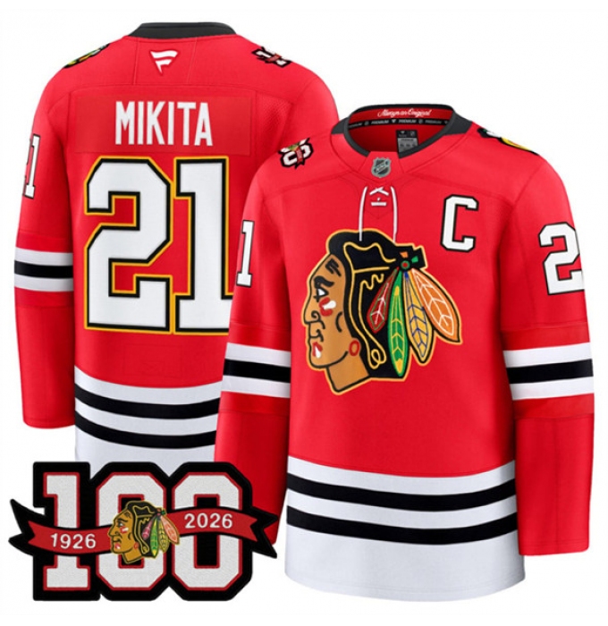 Men's Chicago Blackhawks #21 Stan Mikita Red 2025 Home 100th Anniversary Stitched Hockey Jersey