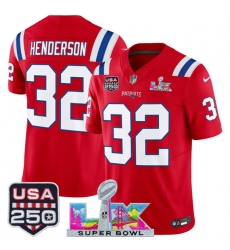 Men's New England Patriots #32 TreVeyon Henderson Red 2025 F.U.S.E. Super Bowl LX And USA 250 Vapor Limited Football Stitched Jersey