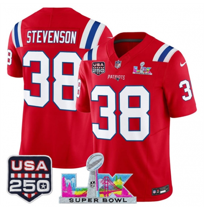 Men's New England Patriots #38 Rhamondre Stevenson Red 2025 F.U.S.E. Super Bowl LX And USA 250 Vapor Limited Football Stitched Jersey