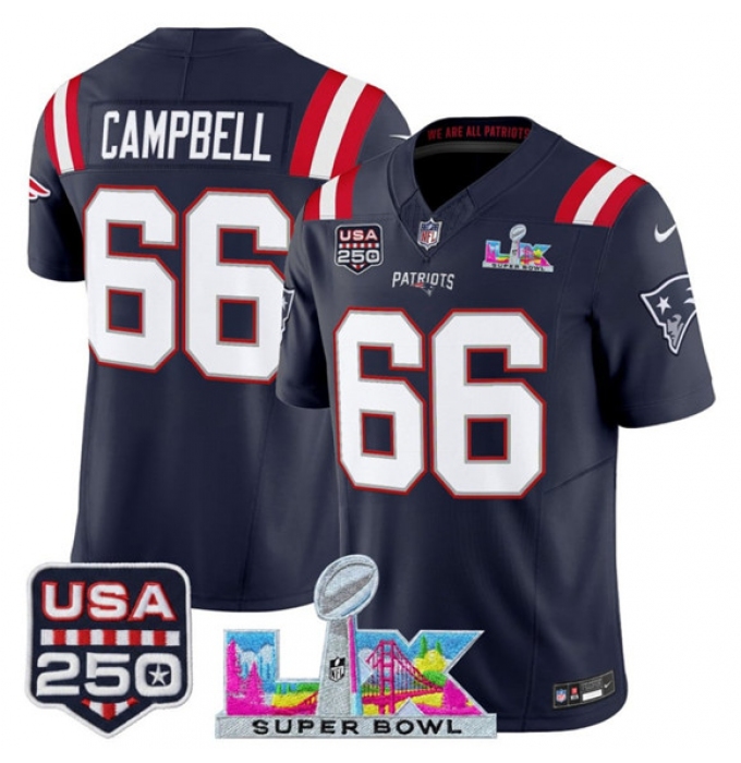 Men's New England Patriots #66 Will Campbell Navy 2025 F.U.S.E. Super Bowl LX And USA 250 Vapor Limited Football Stitched Jersey