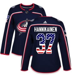 Women's Adidas Columbus Blue Jackets #37 Markus Hannikainen Authentic Navy Blue USA Flag Fashion NHL Jersey