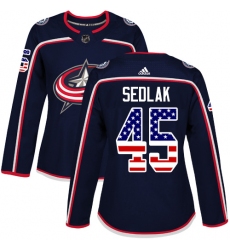 Women's Adidas Columbus Blue Jackets #45 Lukas Sedlak Authentic Navy Blue USA Flag Fashion NHL Jersey