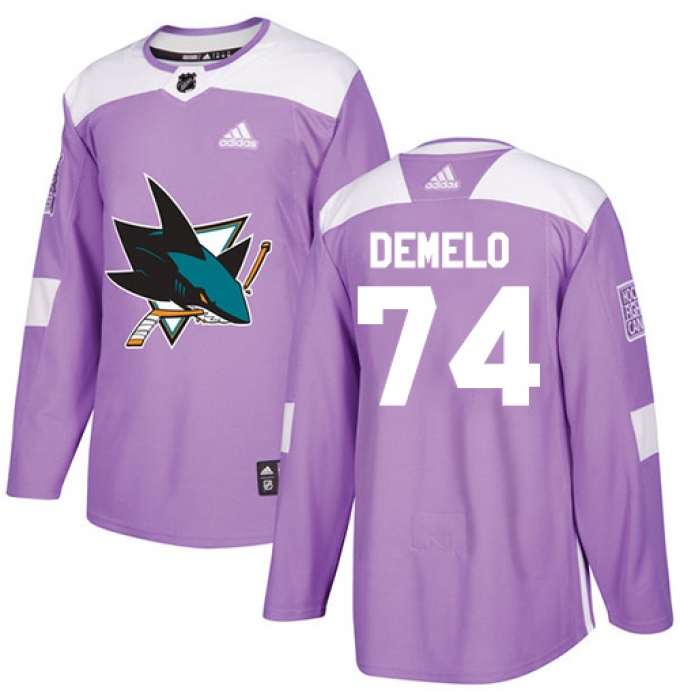 Men's Adidas San Jose Sharks #74 Dylan DeMelo Authentic Purple Fights Cancer Practice NHL Jersey