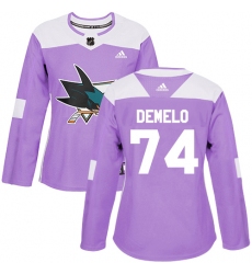Women's Adidas San Jose Sharks #74 Dylan DeMelo Authentic Purple Fights Cancer Practice NHL Jersey