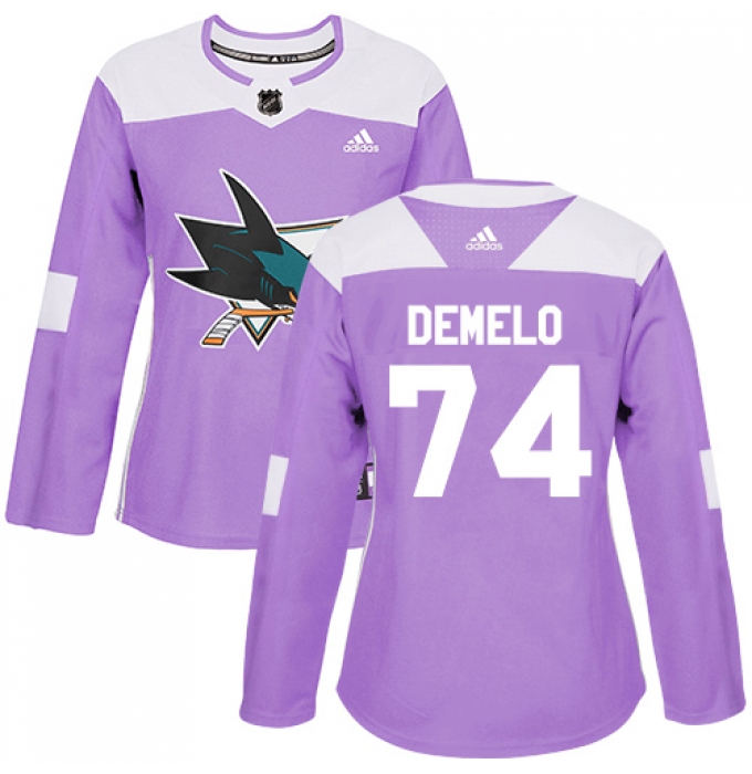 Women's Adidas San Jose Sharks #74 Dylan DeMelo Authentic Purple Fights Cancer Practice NHL Jersey