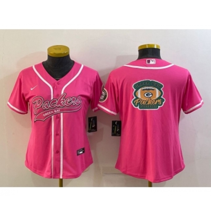 Women's Green Bay Packers Pink Team Big Logo With Patch Cool Base Stitched Baseball Jersey