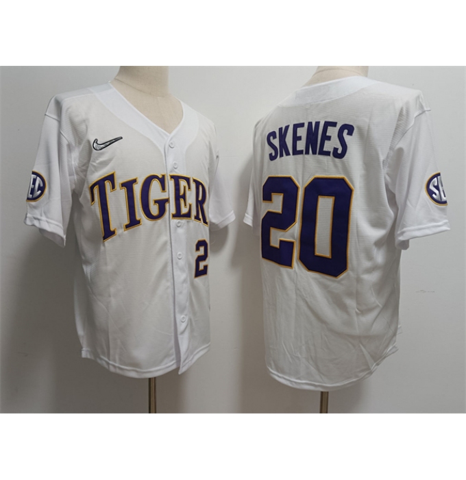 Men's LSU Tigers #20 Paul Skenes White Stitched Baseball Jersey