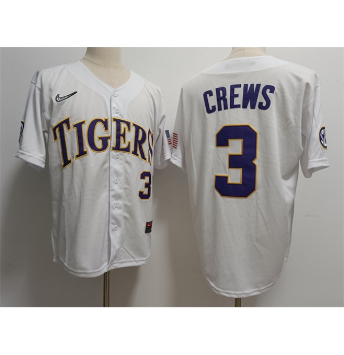 Men's LSU Tigers #3 ylan Crews White Stitched Baseball Jersey