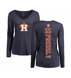 Baseball Women's Houston Astros #55 Ryan Pressly Navy Blue Backer Long Sleeve T-Shirt