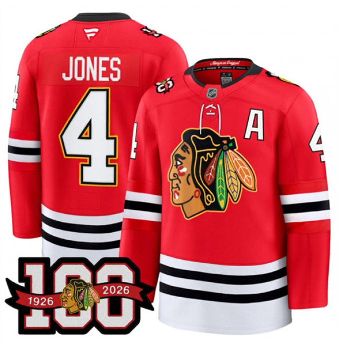 Men's Chicago Blackhawks #4 Seth Jones Red 2025 Home 100th Anniversary With A Stitched Hockey Jersey