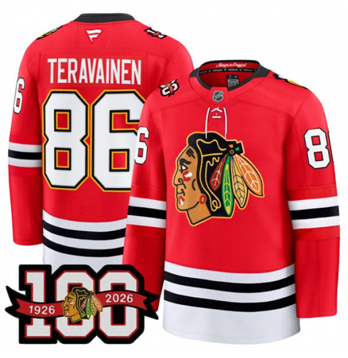 Men's Chicago Blackhawks #86 Teuvo Teravainen Red 2025 Home 100th Anniversary Stitched Hockey Jersey