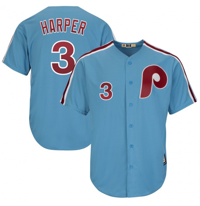 Men's Philadelphia Phillies #3 Bryce Harper Majestic Light Blue Cool Base Cooperstown Player Jersey