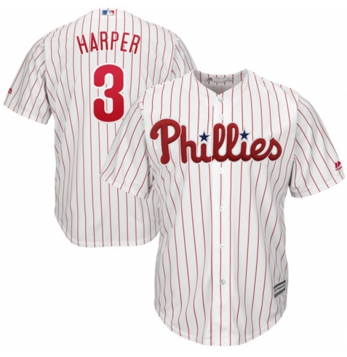 Men's Philadelphia Phillies #3 Bryce Harper Majestic WhiteRed Strip Home Official Cool Base Player