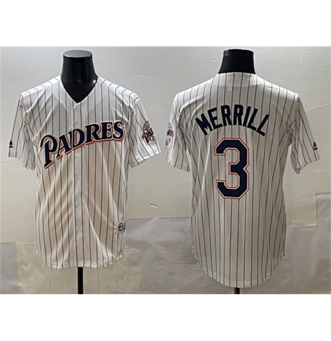 Men's San Diego Padres #3 Jackson Merrill White Throwback With Cool Base Stitched Baseball Jersey