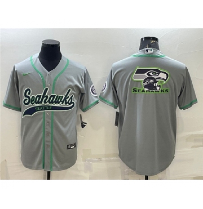 Men's Seattle Seahawks Gray Team Big Logo With Patch Cool Base Stitched Baseball Jersey