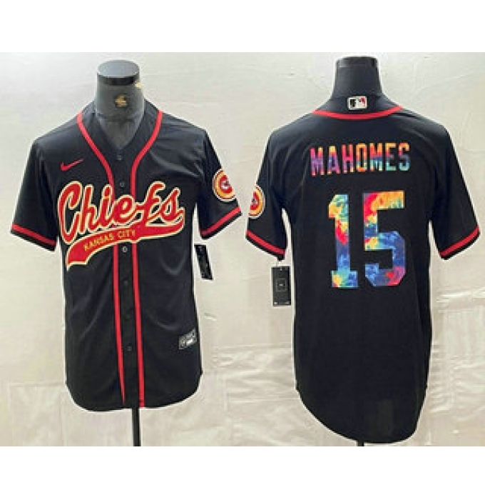 Men's Kansas City Chiefs #15 Patrick Mahomes Black Multi Color With Cool Base Stitched Baseball Jersey
