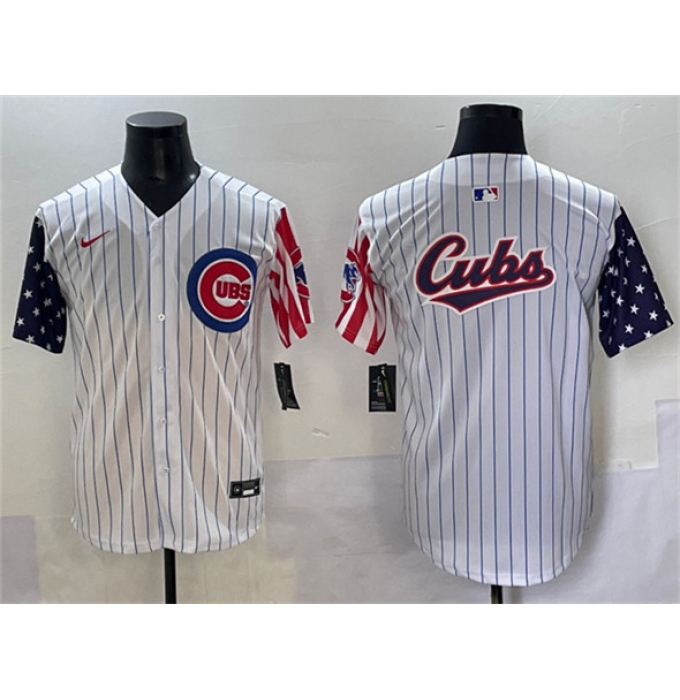 Men's Chicago Cubs Team Big Logo White Pinstripe 2025 Independence Day Vapor Premier Limited Stitched Baseball Jersey