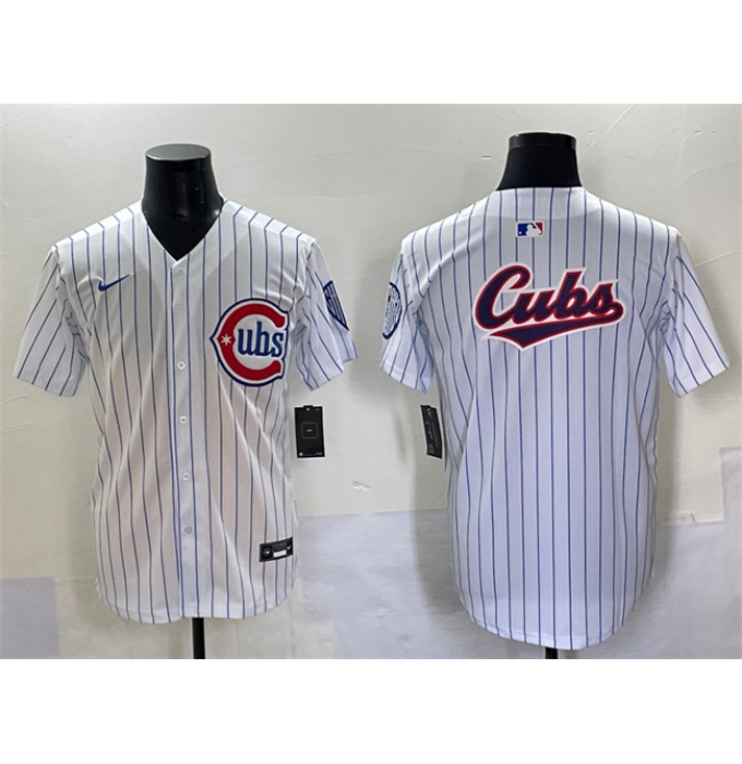 Men's Chicago Cubs Team Big Logo White Pinstripe 2nd Alternate Limited Stitched Baseball Jersey