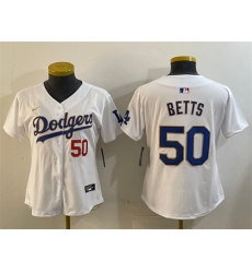 Womens Los Angeles Dodgers #50 Mookie Betts White Gold Home Limited Stitched Baseball Jersey(Run Small)