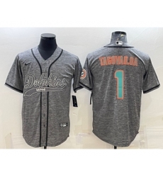 Men's Miami Dolphins #1 Tua Tagovailoa Grey Gridiron With Patch Cool Base Stitched Baseball Jersey