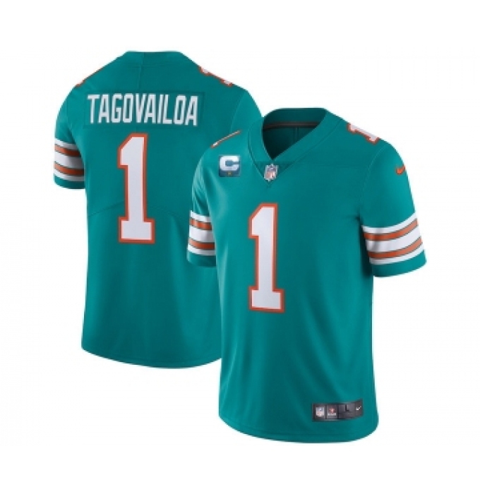 Men's Miami Dolphins 2022 #1 Tua Tagovailoa Aqua With 1-star C Patch Stitched Jersey