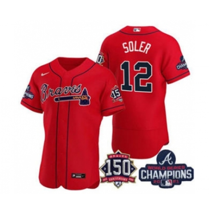 Men's Atlanta Braves #12 Jorge Soler 2021 Red World Series Champions With 150th Anniversary Flex Base Stitched Jersey