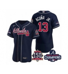 Men's Atlanta Braves #13 Ronald Acuna Jr. 2021 Navy World Series Champions With 150th Anniversary Flex Base Stitched Jersey
