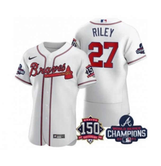 Men's Atlanta Braves #27 Austin Riley 2021 White World Series Champions With 150th Anniversary Flex Base Stitched Jersey