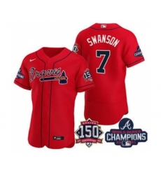 Men's Atlanta Braves #7 Dansby Swanson 2021 Red World Series Champions With 150th Anniversary Flex Base Stitched Jersey