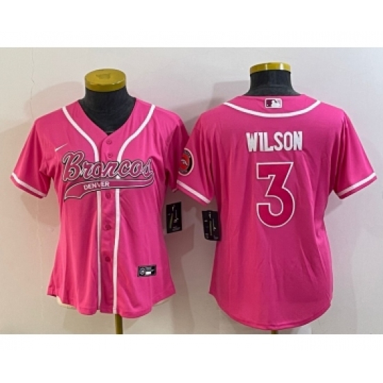 Women's Denver Broncos #3 Russell Wilson Pink With Patch Cool Base Stitched Baseball Jersey