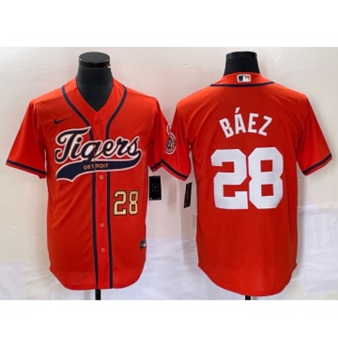 Men's Detroit Tigers #28 Javier Baez Number Orange Cool Base Stitched Baseball Jersey