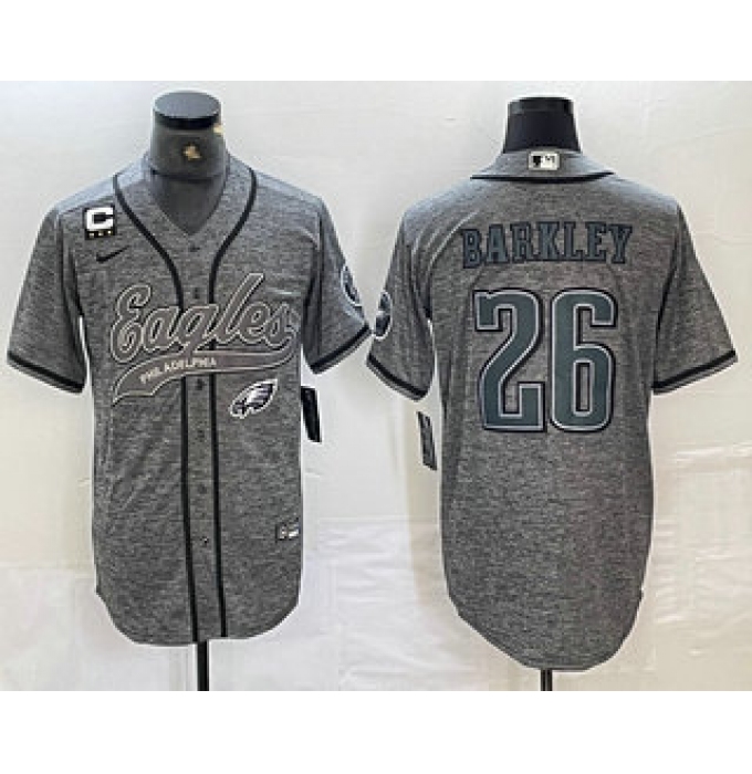 Men's Philadelphia Eagles #26 Saquon Barkley Grey Gridiron With C Cool Base Stitched Baseball Jersey