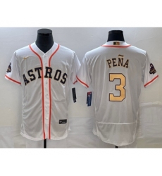 Men's Houston Astros #3 Jeremy Pena 2023 White Gold World Serise Champions Flex Base Stitched Jersey