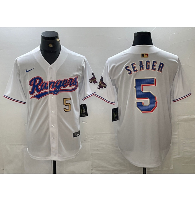 Men's Texas Rangers #5 Corey Seager Number White 2023 World Series Champions Cool Base Jerseys