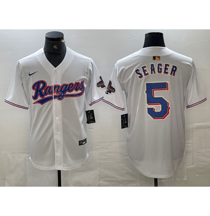 Men's Texas Rangers #5 Corey Seager White 2023 World Series Champions Cool Base Jersey