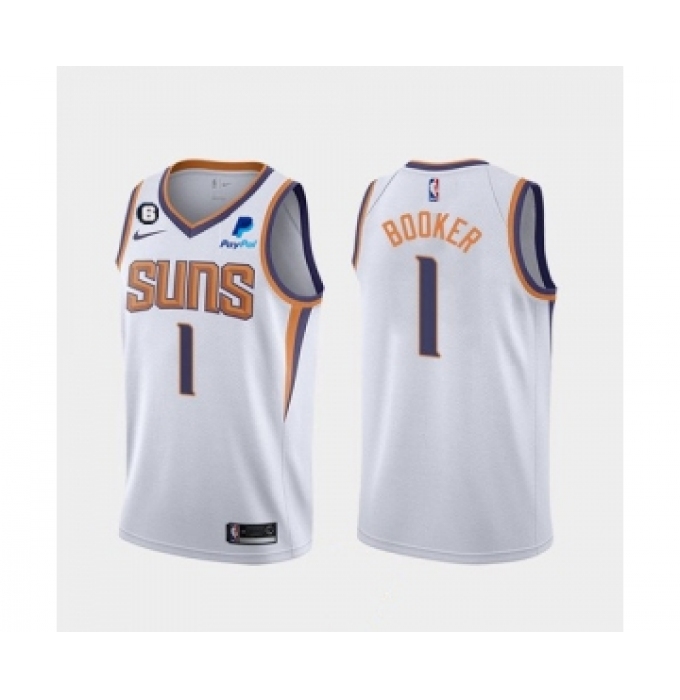 Men's Phoenix Suns #1 Devin Booker White Association Edition With NO.6 Patch Stitched Basketball Jersey