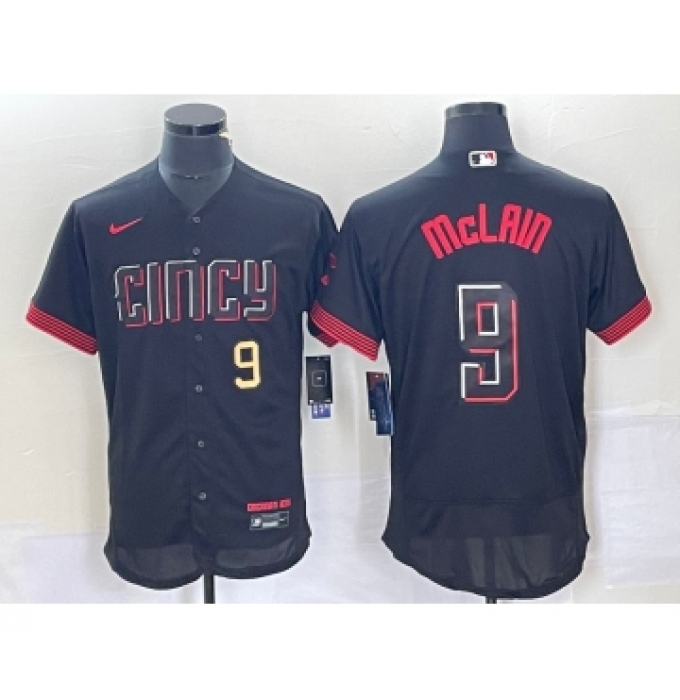 Men's Nike Cincinnati Reds #9 Matt McLain Number Black 2023 City Connect Flex Base Stitched Jersey1